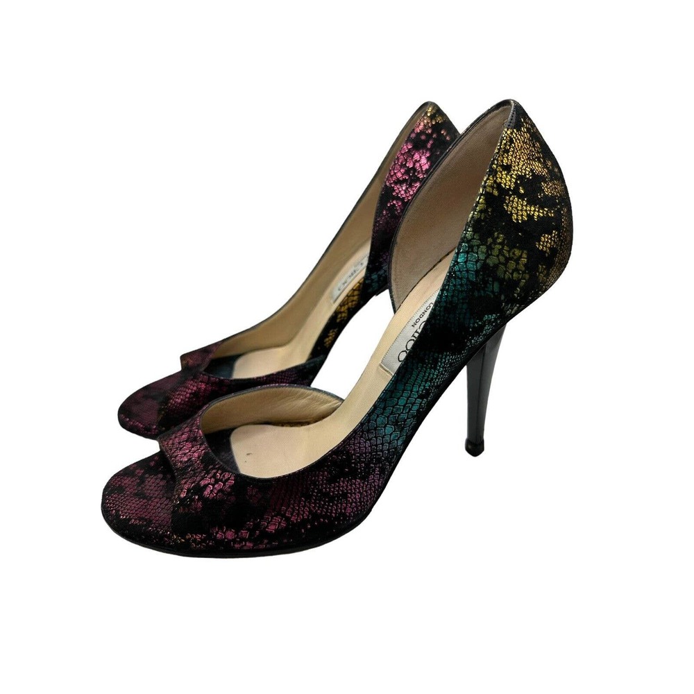 Jimmy Choo Suede Colorful Metallic Peep Toe Print Heels Pumps Size 6.5 36.5